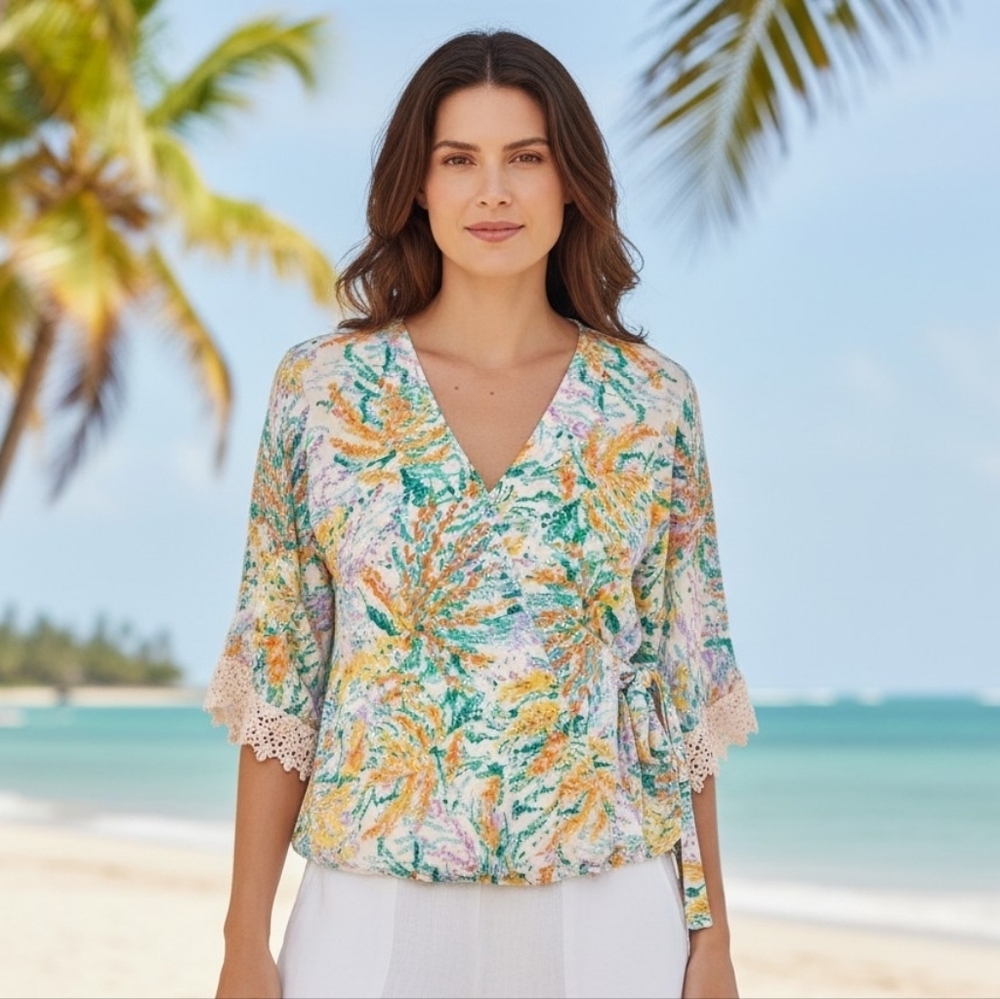 Democracy Floral Wrap Top With Lace Trim